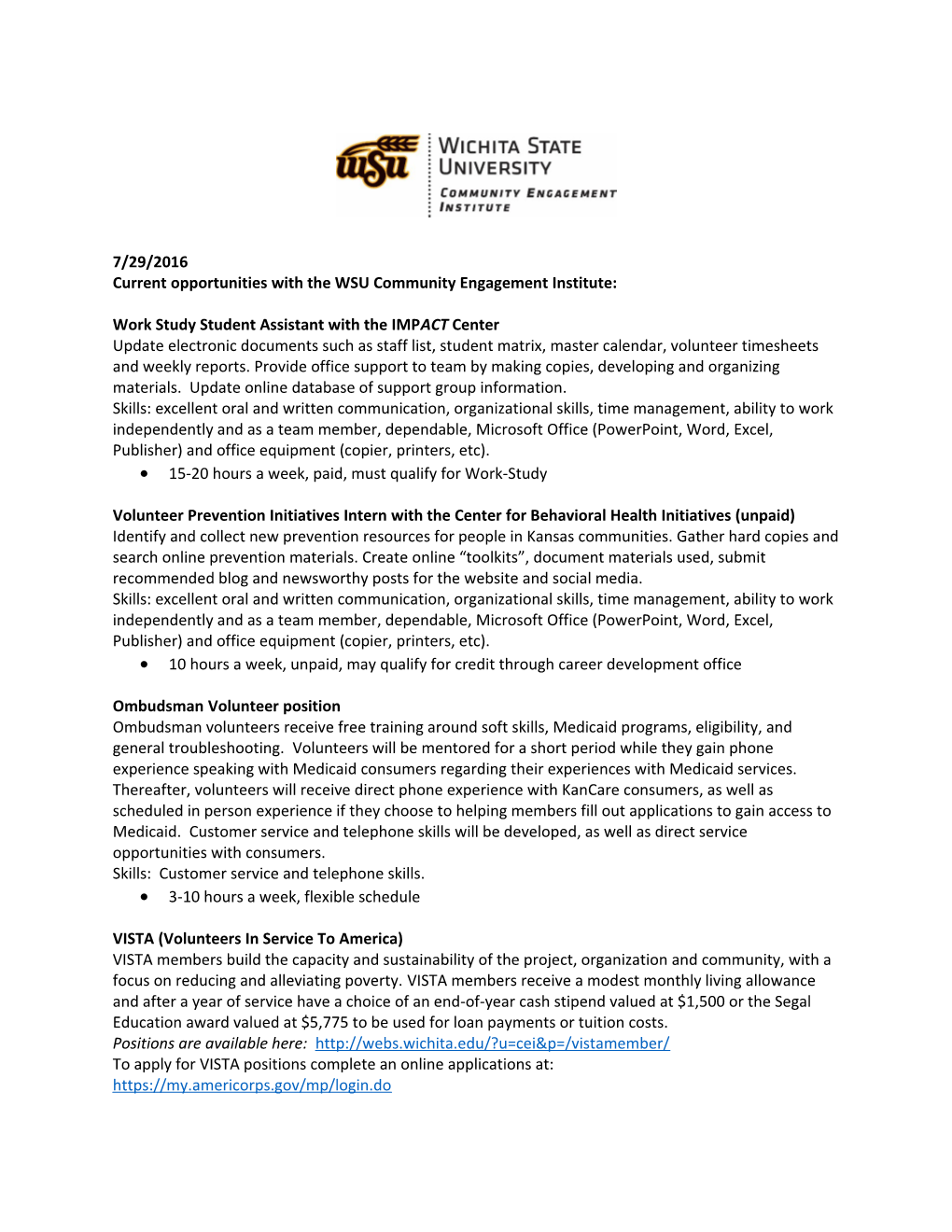 Current Opportunities with the WSU Community Engagement Institute