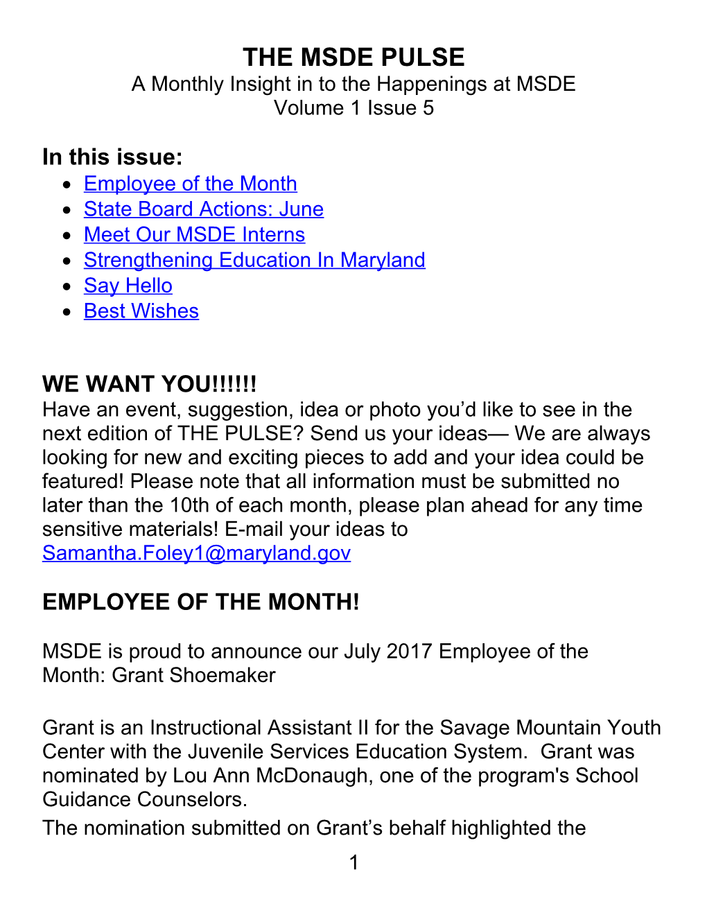 A Monthly Insight in to the Happenings at MSDE
