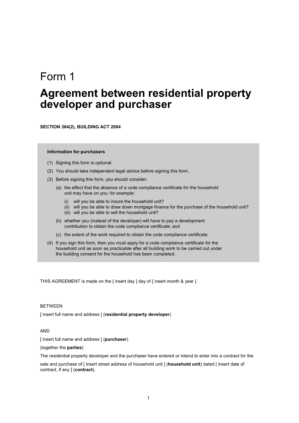 Form 1 - Agreement Between Residential Property Developer and Purchaser