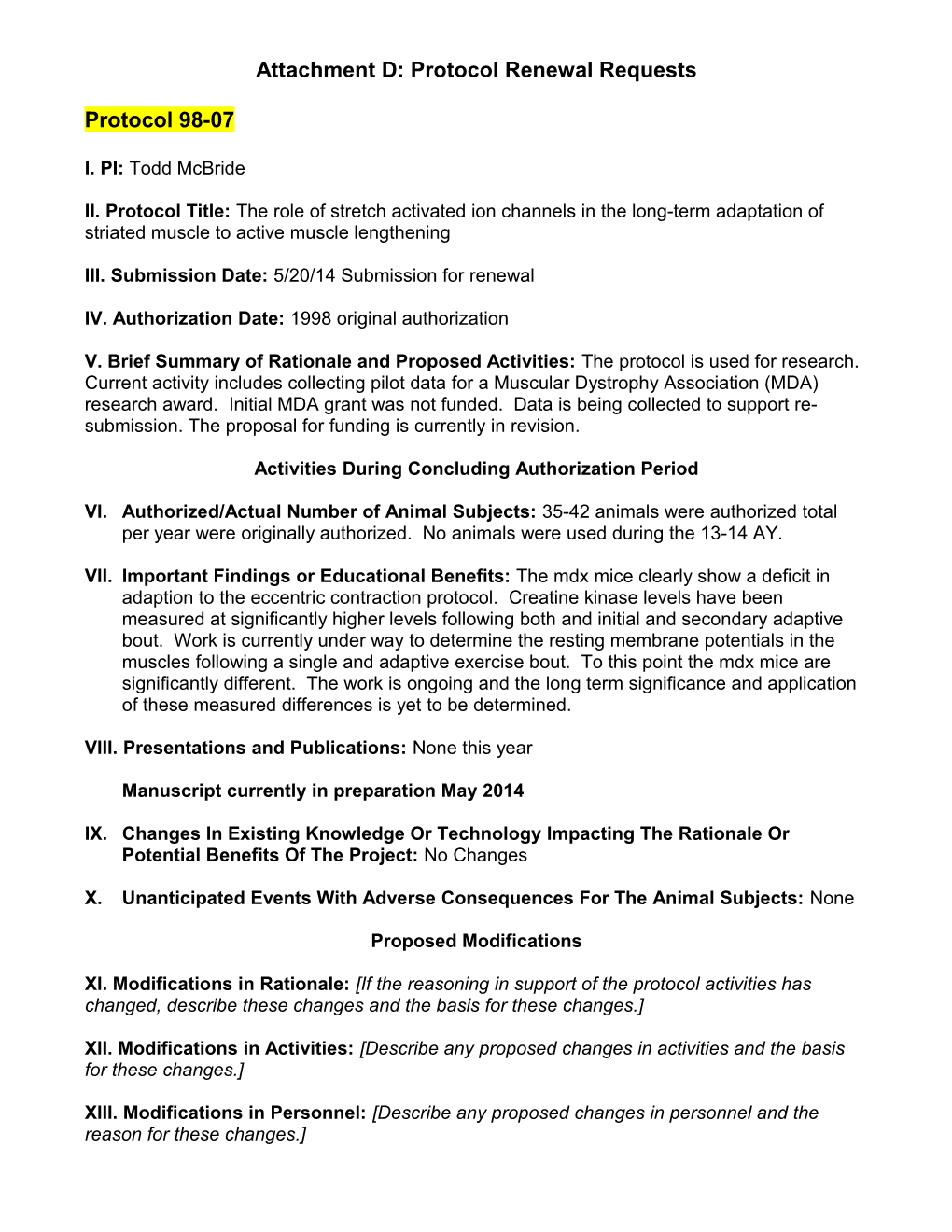 Application for IACUC Protocol Renewal