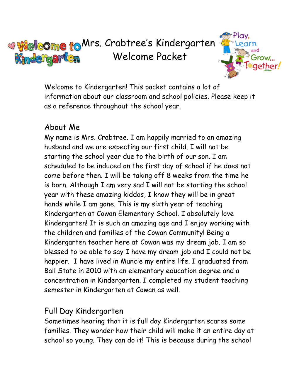 Miss Qualls Kindergarten Welcome Packet