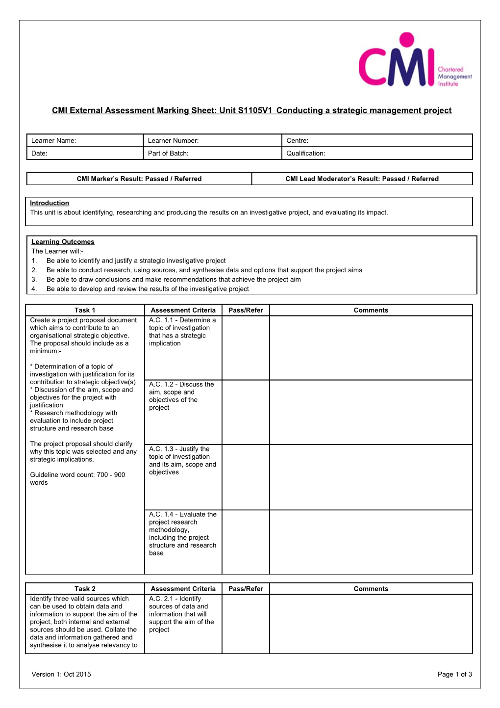 CMI External Assessment Marking Sheet:Unit S1105v1conducting a Strategic Management Project