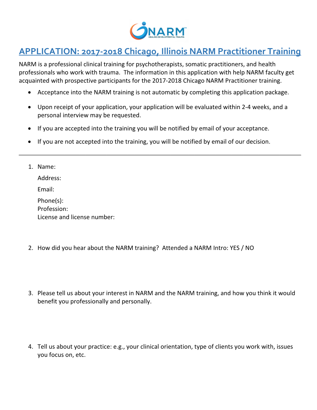 APPLICATION: 2017-2018 Chicago, Illinois NARM Practitioner Training