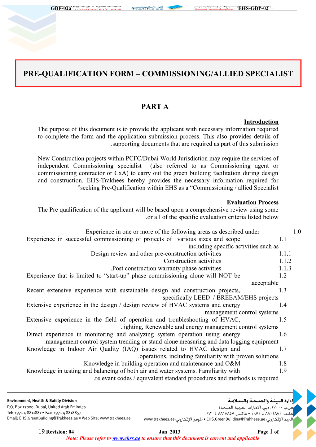 Pre Qualification Form (New-Renewal) - Commissioning Specialist