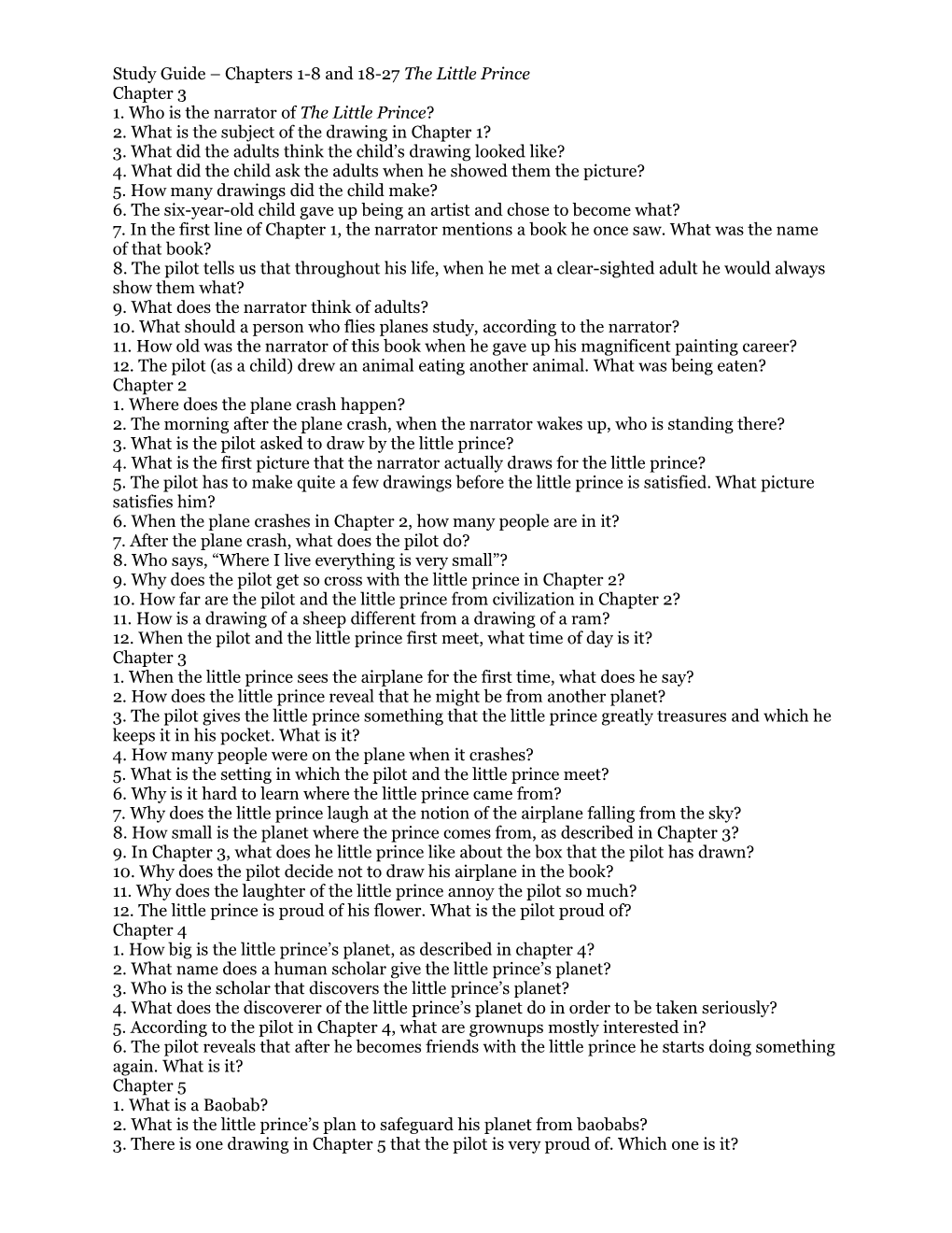 Study Guide Chapters 1-8 and 18-27 the Little Prince