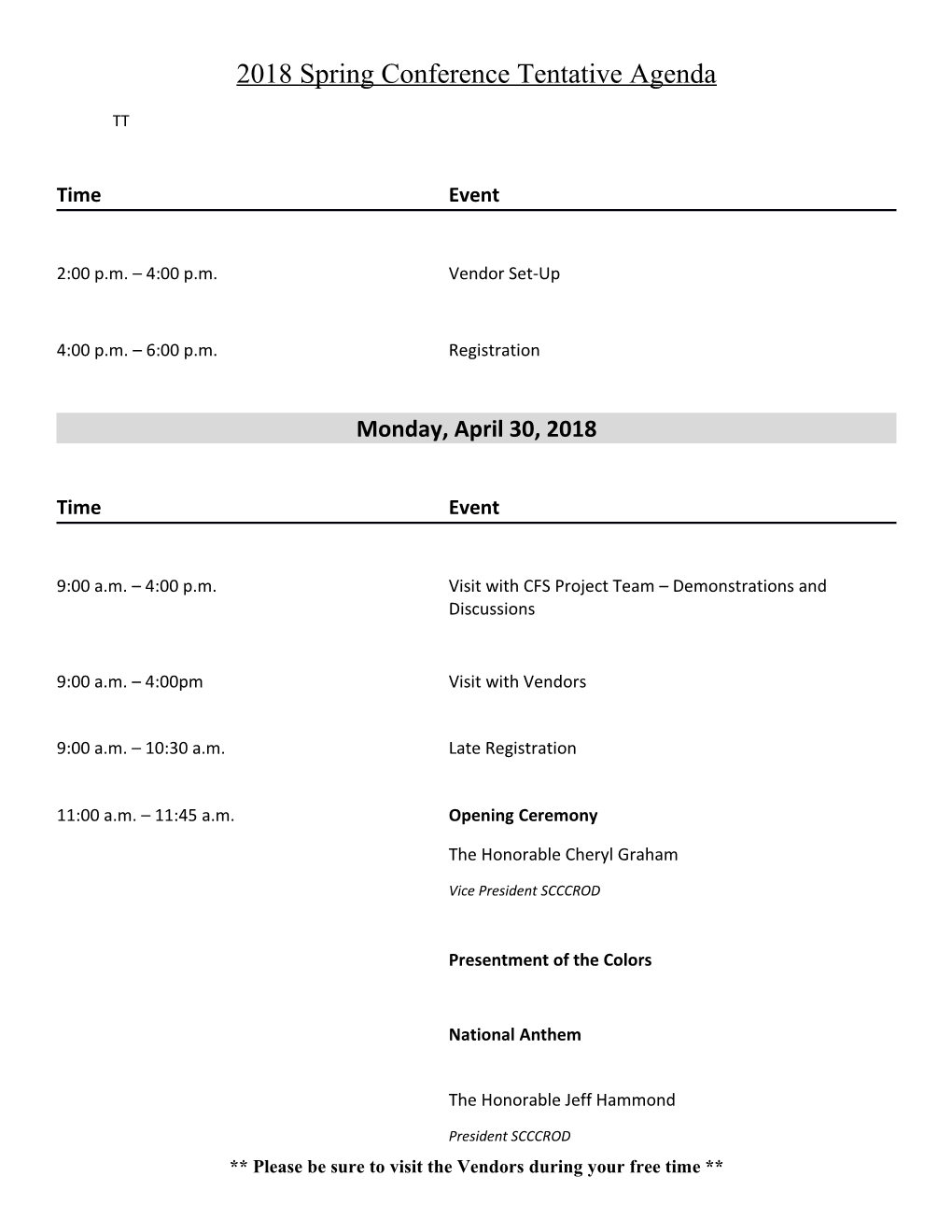 2018 Spring Conference Tentative Agenda