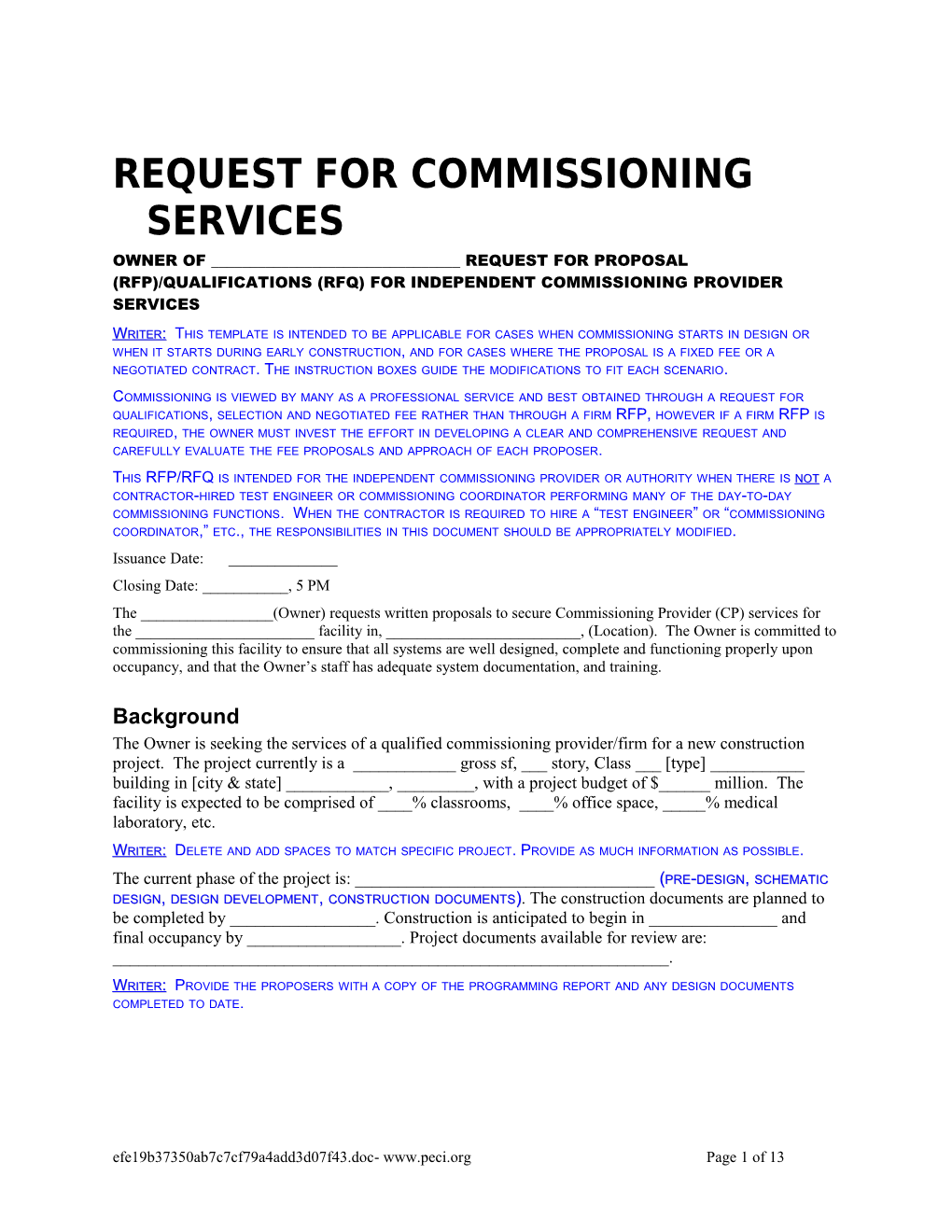 Request for Commissioning Services