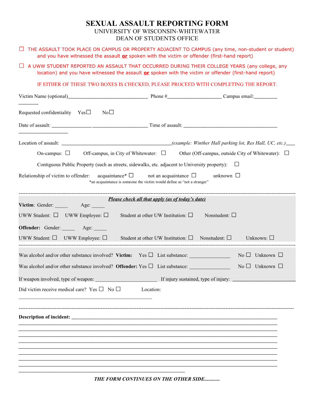 Sexual Assault Reporting Form