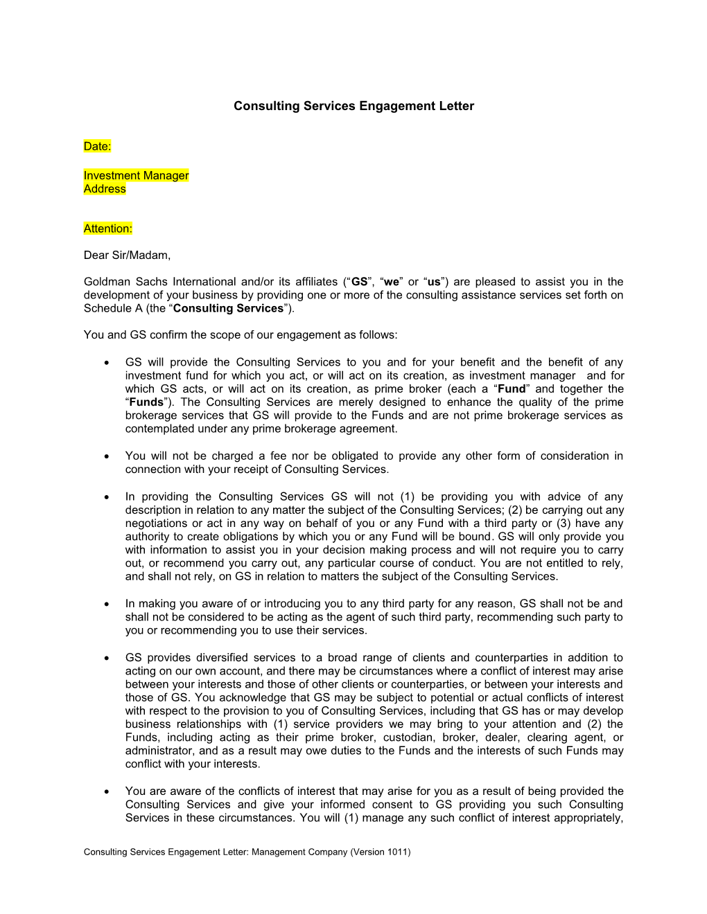 Consulting Services Engagement Letter