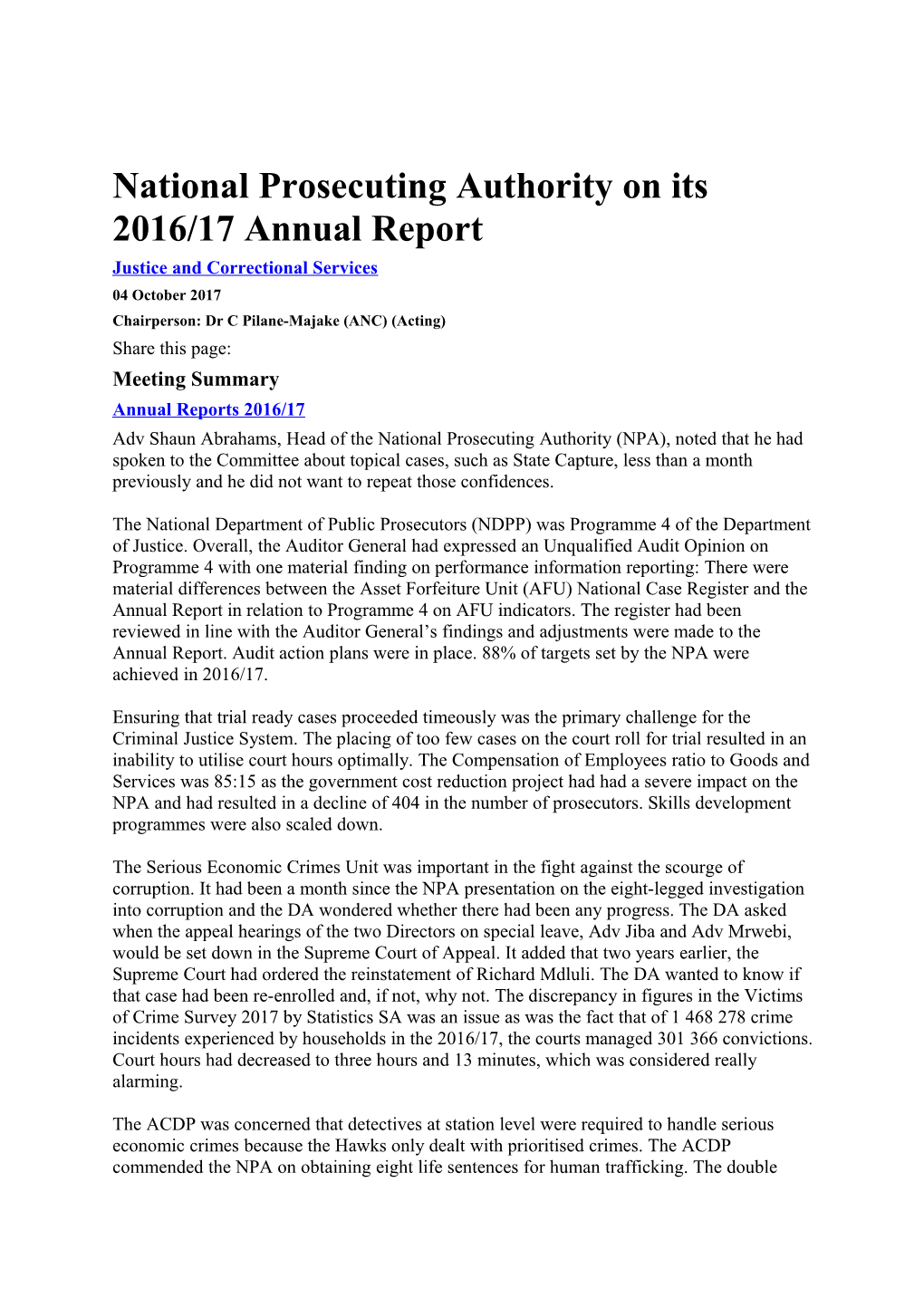 National Prosecuting Authority on Its 2016/17 Annual Report