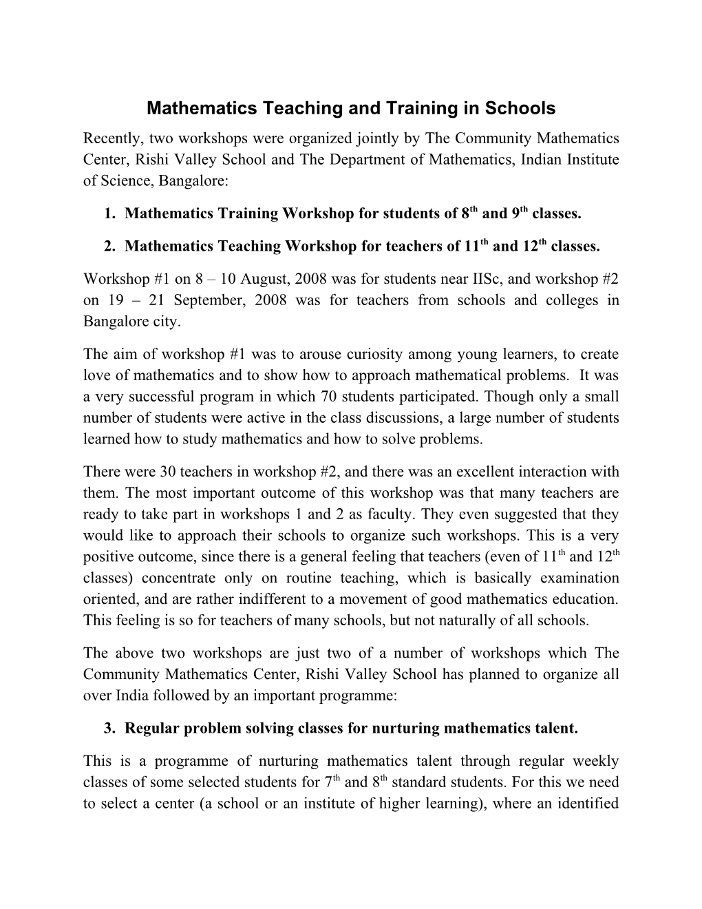 Mathematics Teaching and Training in Schools
