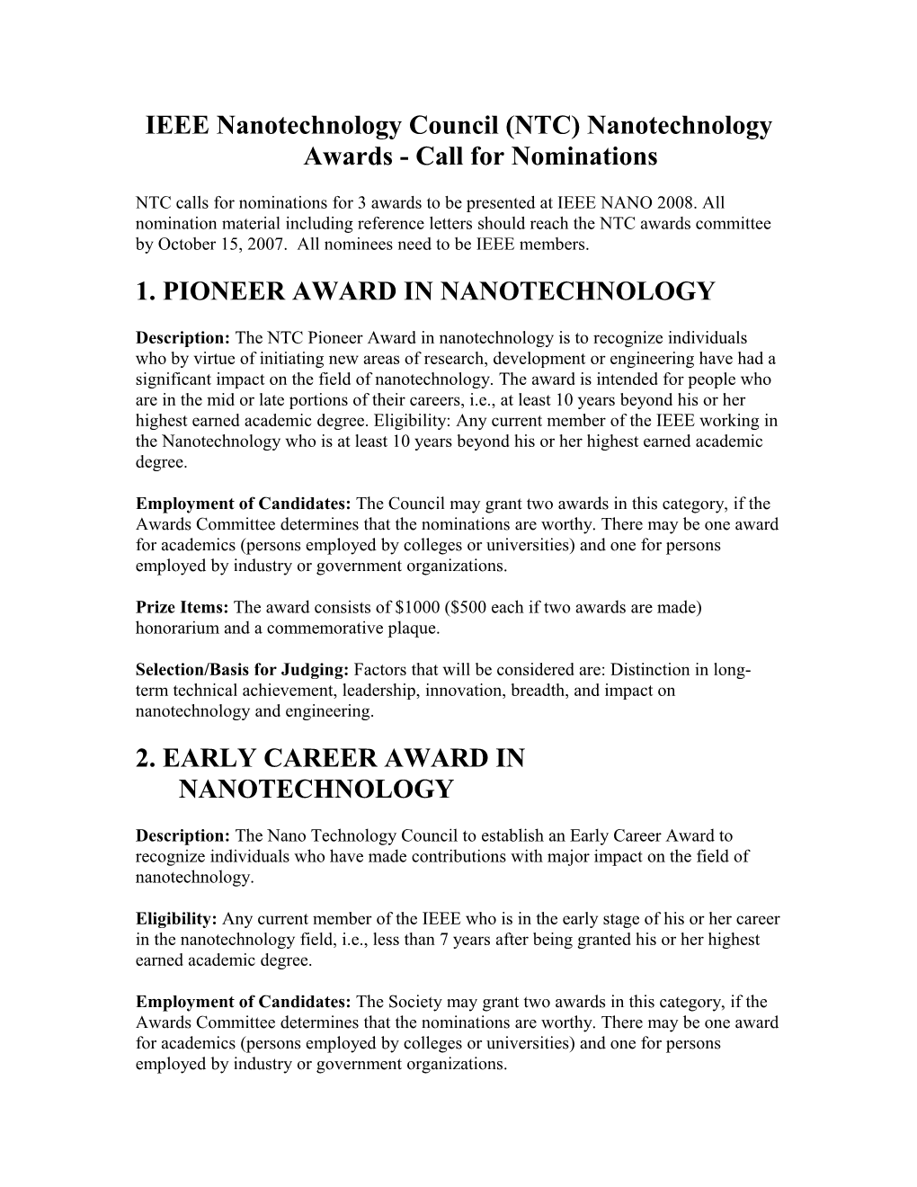 IEEE Nanotechnology Council (NTC) Nanotechnology Awards - Call for Nominations