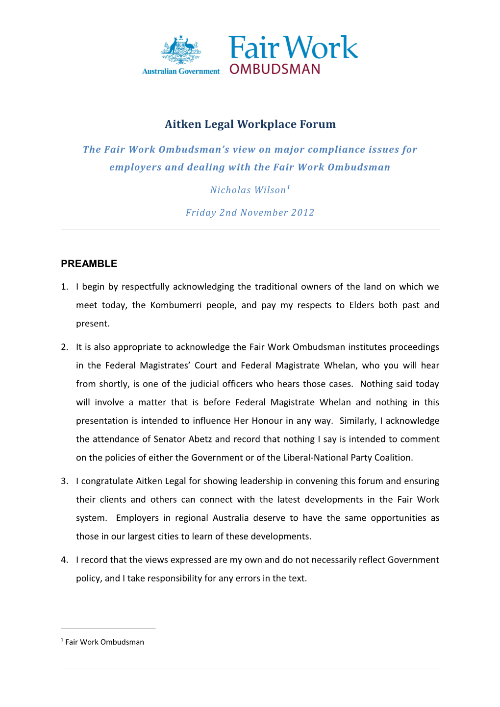 Aitken Legal Workplace Forum Speech 2 November 2012
