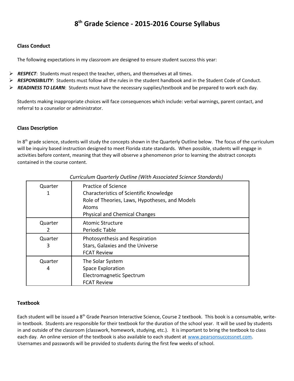 8Th Grade Science - 2015-2016 Course Syllabus