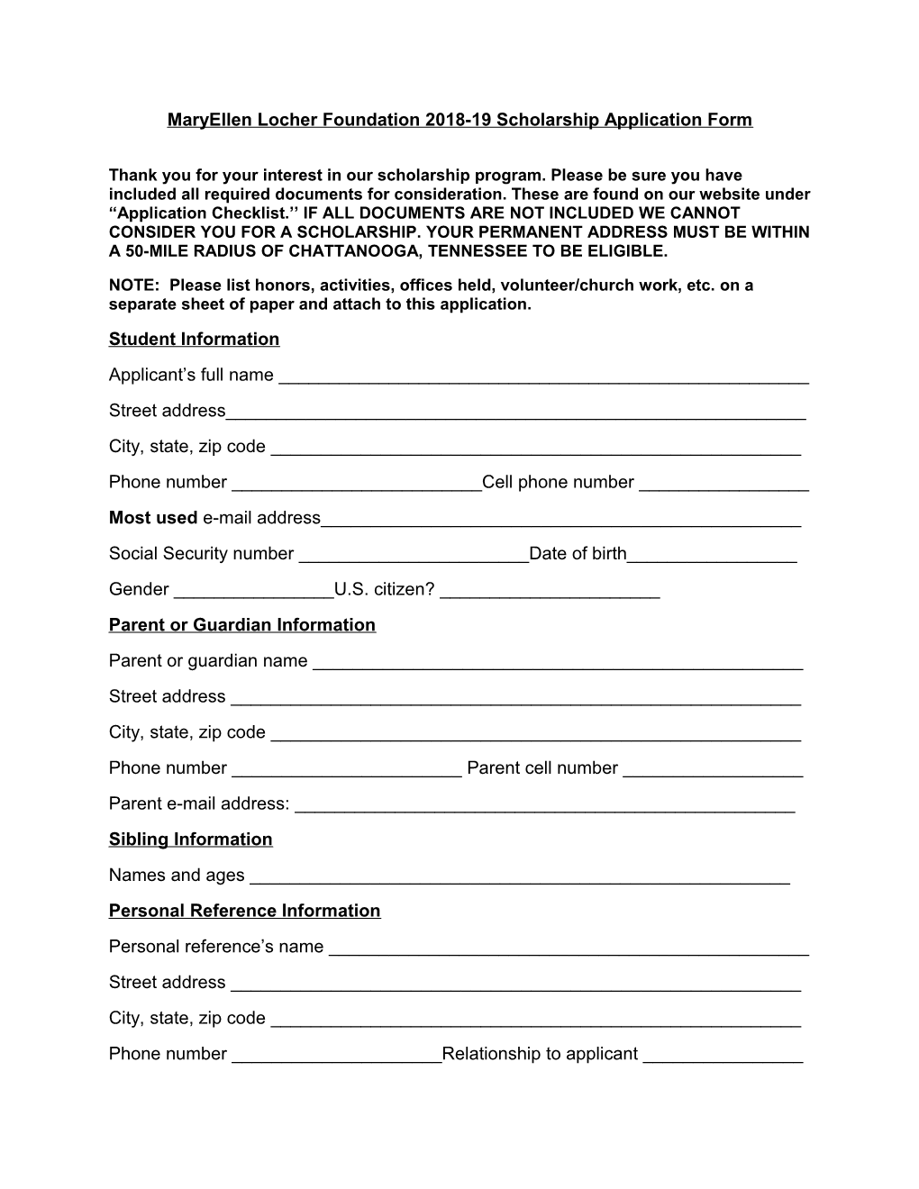 Maryellenlocher Foundation 2018-19 Scholarship Application Form