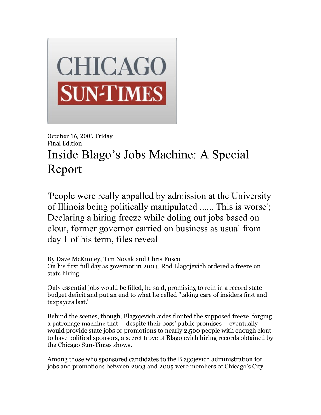 Inside Blago S Jobs Machine: a Special Report
