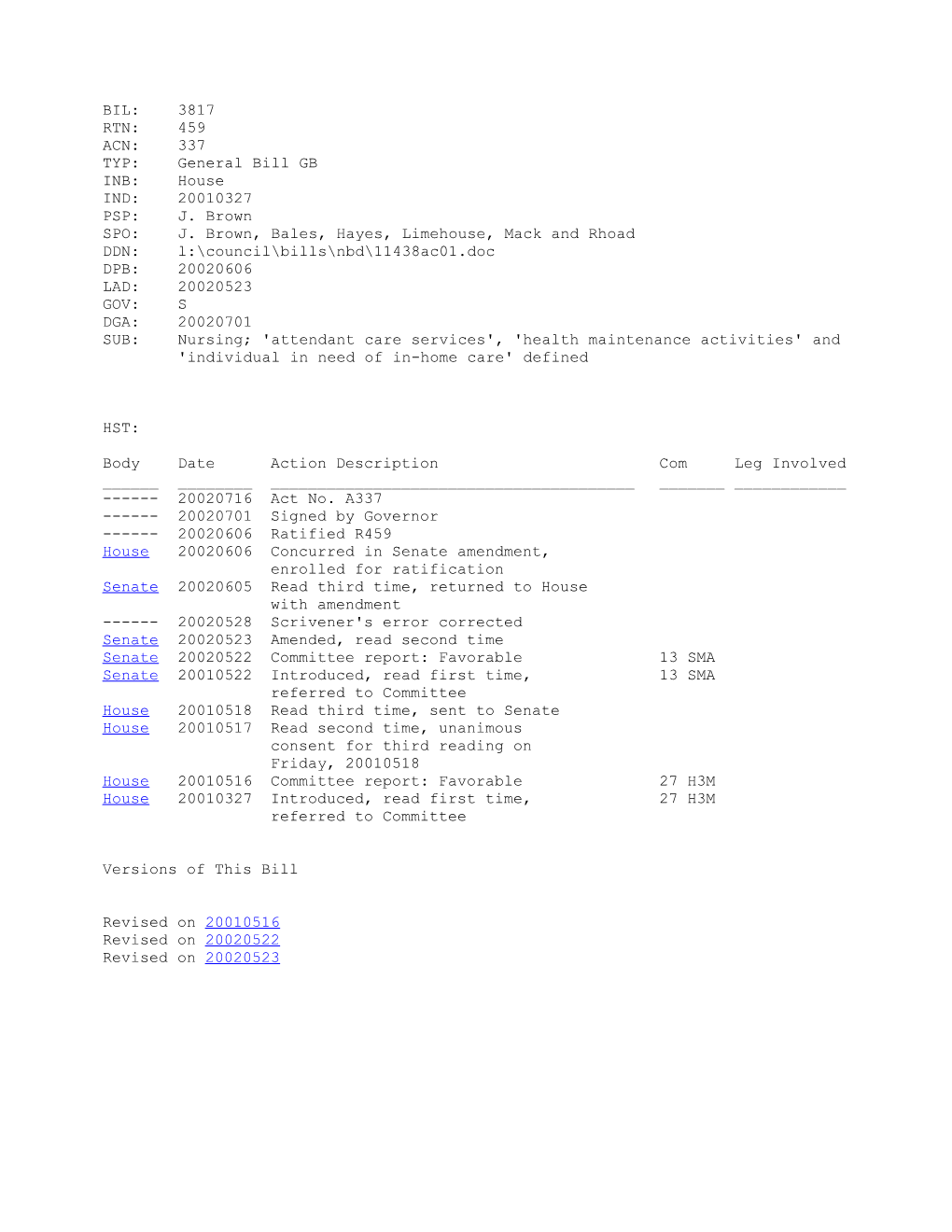 2001-2002 Bill 3817: Nursing; 'Attendant Care Services', 'Health Maintenance Activities'