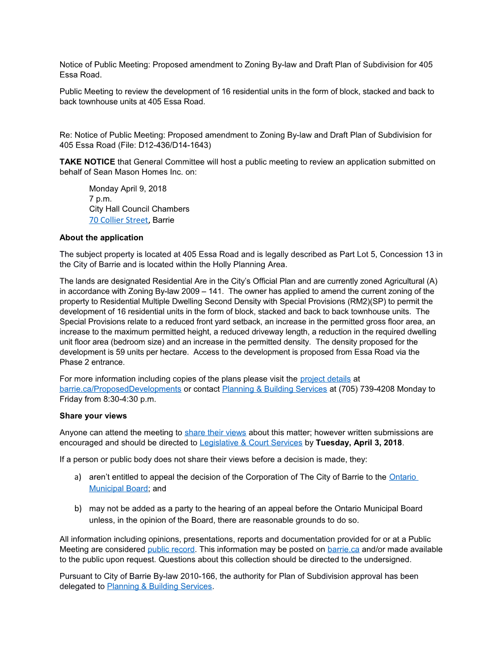 18-03-15 Notice of Public Meeting - 405 Essa Road