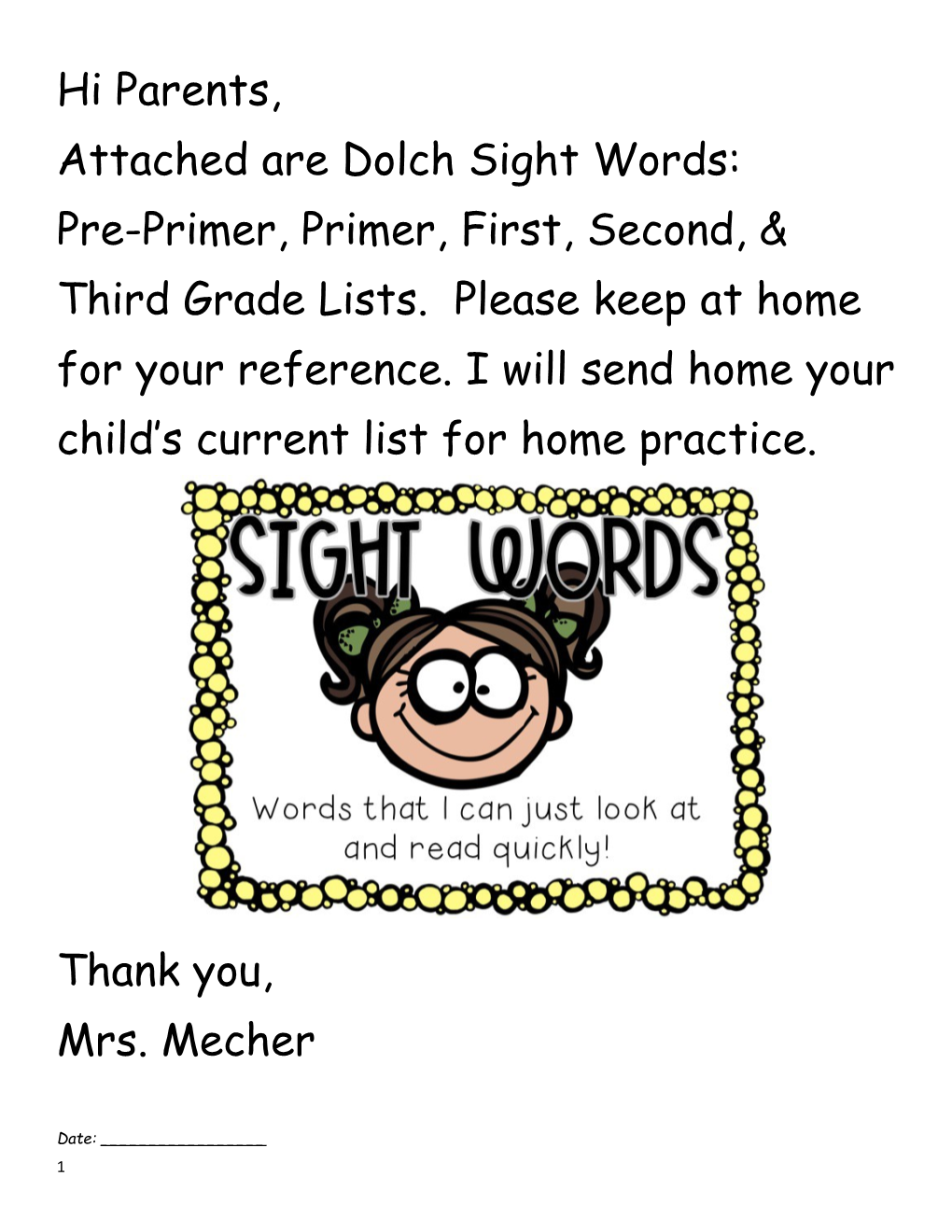 Attached Are Dolch Sight Words
