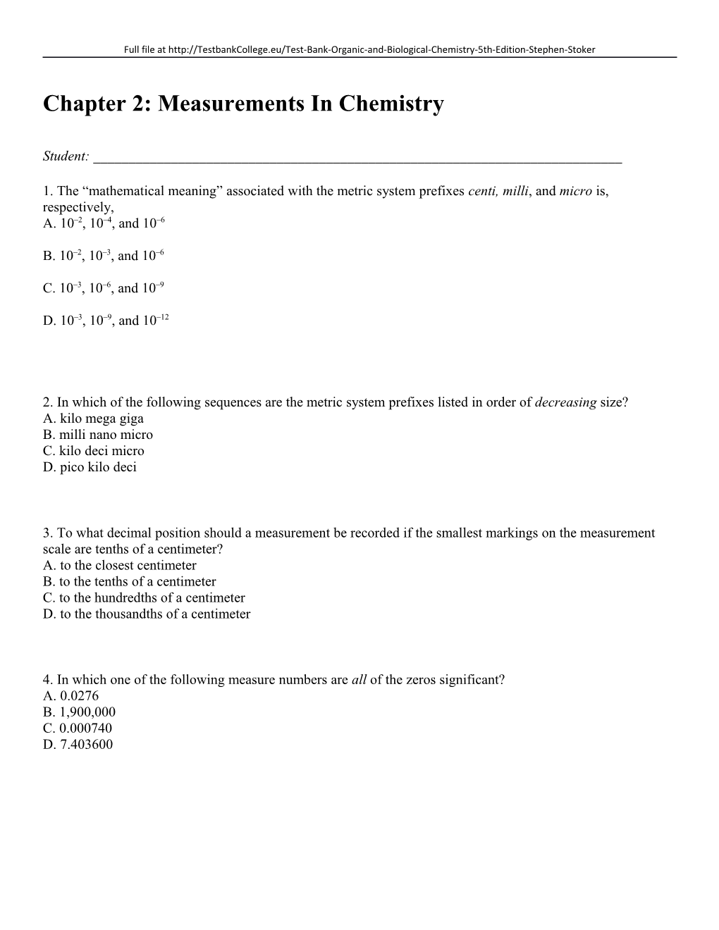 Chapter 2: Measurements in Chemistry