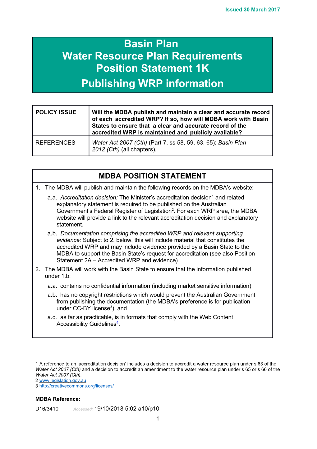 WRP Position Statement 1K Publishing Water Resource Plan Documentation