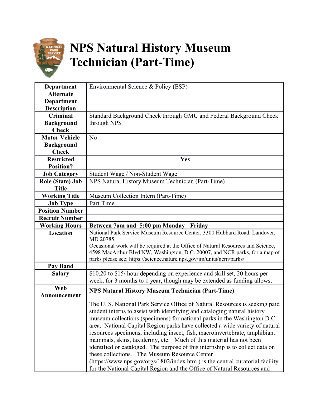 NPS Natural History Museum Technician(Part-Time)