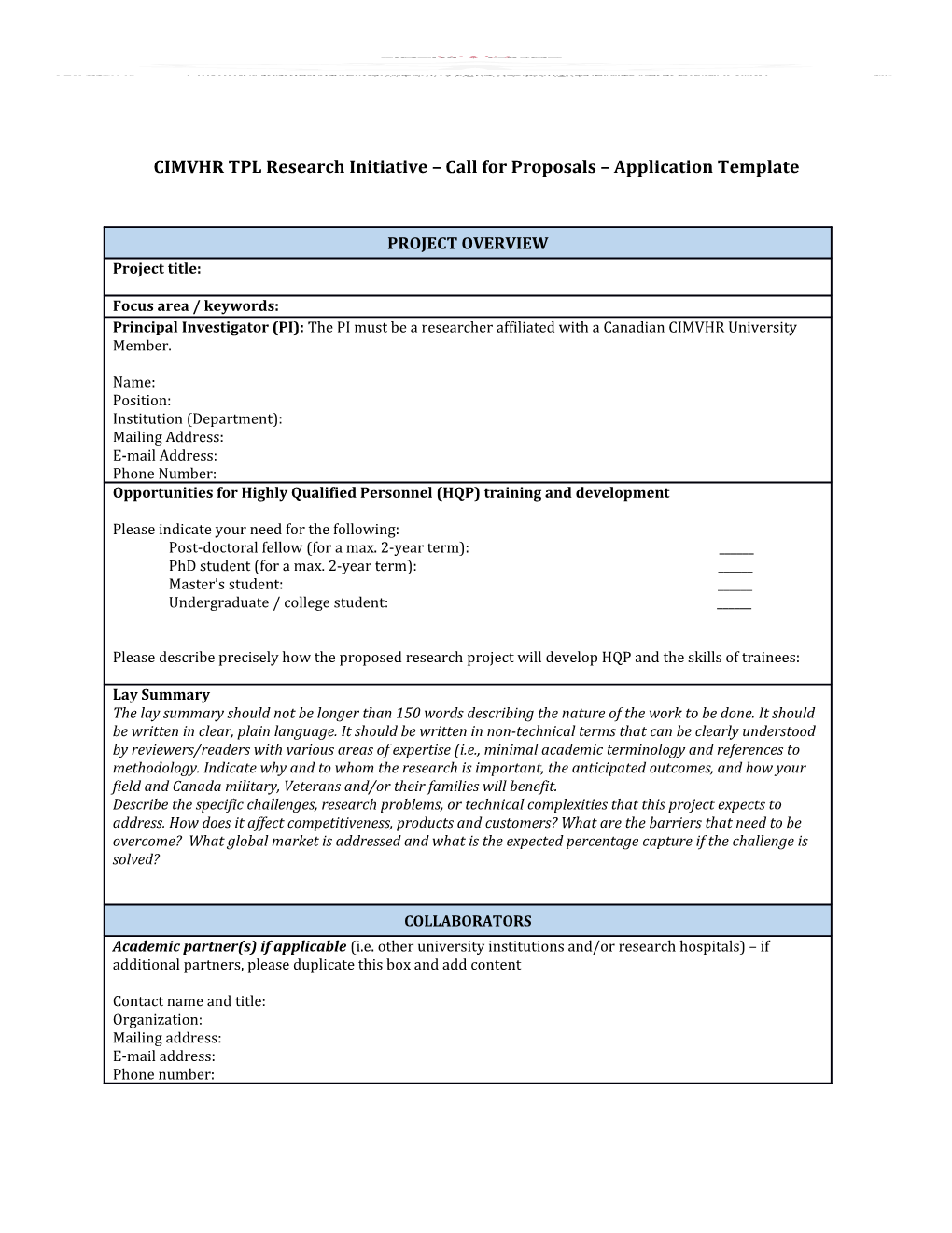 CIMVHR TPL Research Initiative Call for Proposals Application Template