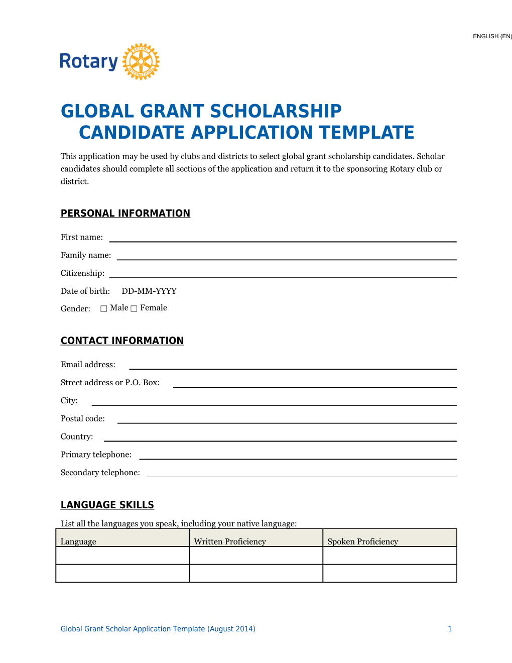 Global Grant Scholarship CANDIDATE Application Template