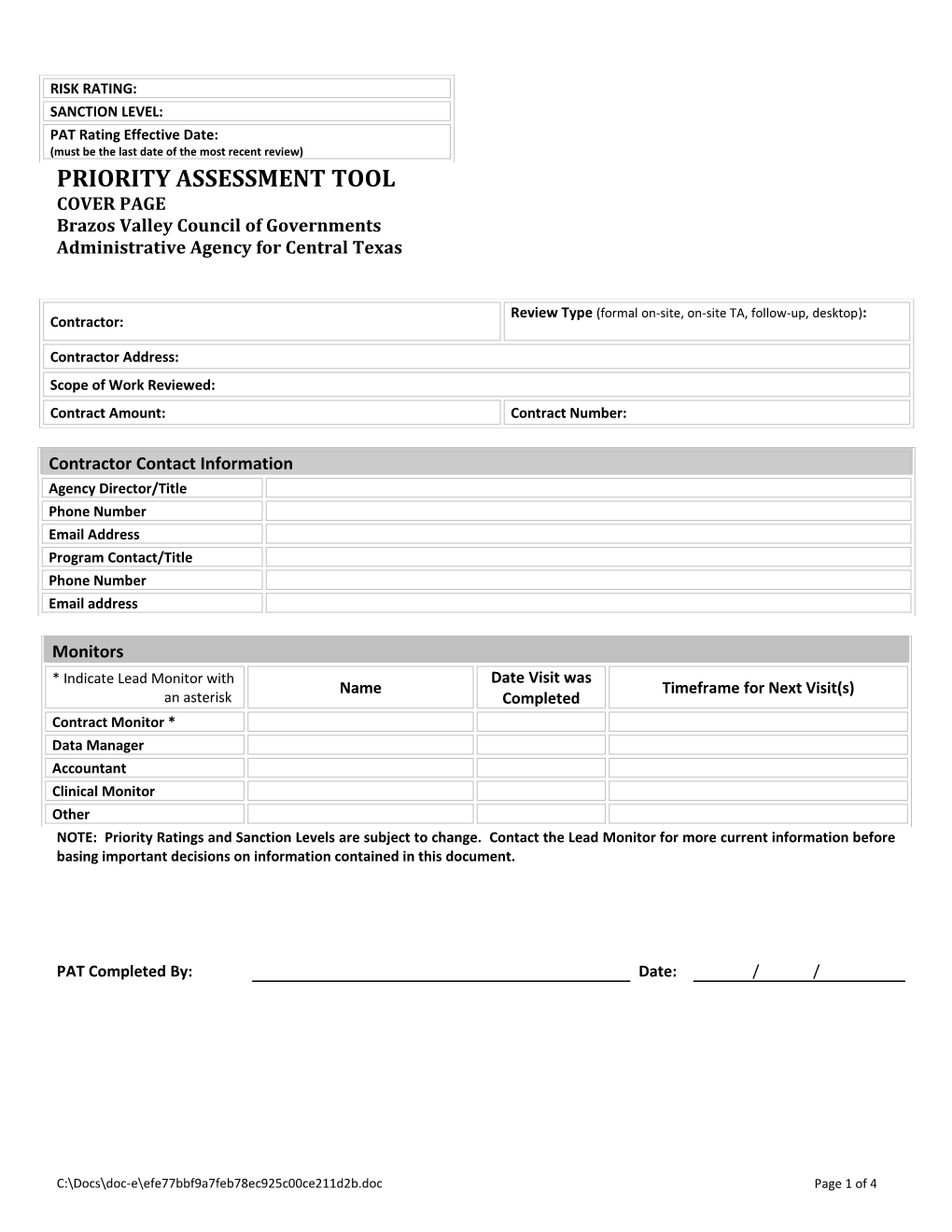 Completing the Contractor Priority Assessment Tool