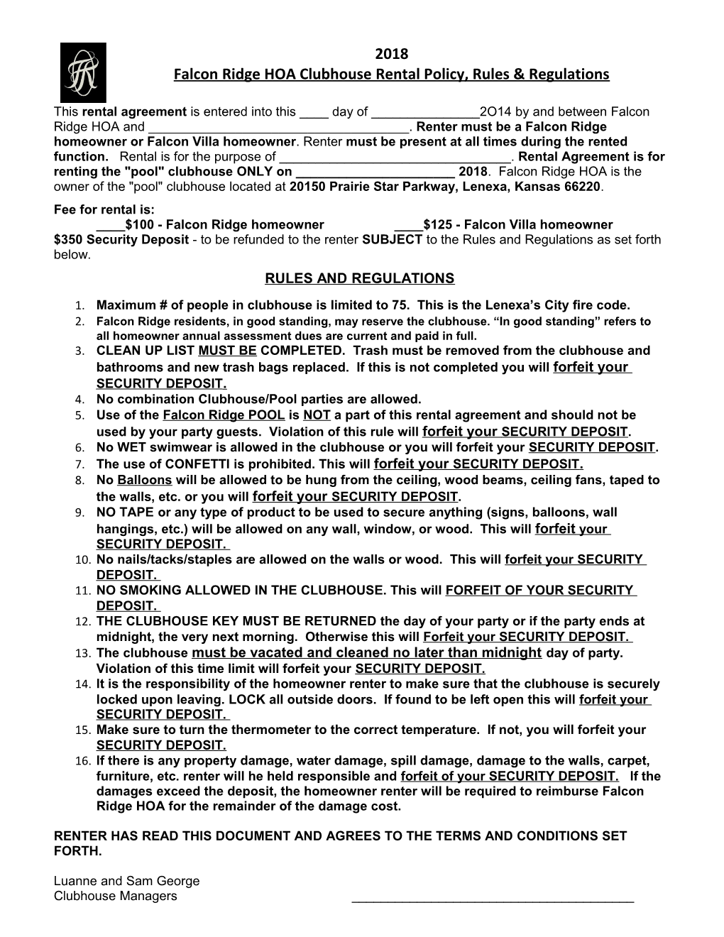 Falcon Ridge HOA Clubhouse Rental Policy, Rules & Regulations