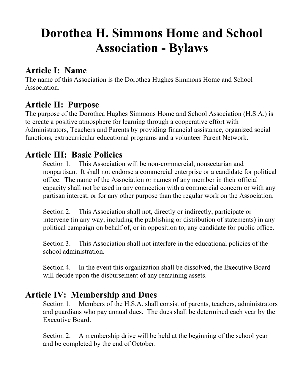 Dorothea H. Simmons Home and School Association - Bylaws