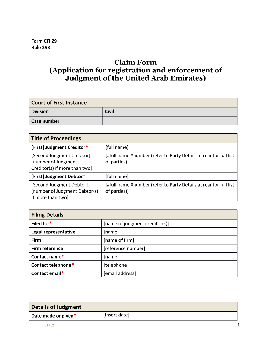 Claim Form (Applicationfor Registration and Enforcement of Judgment of the United Arab
