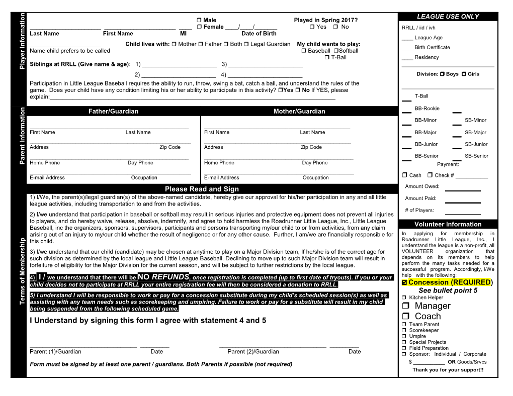 Roadrunner Little League Registration Form and Membership Application