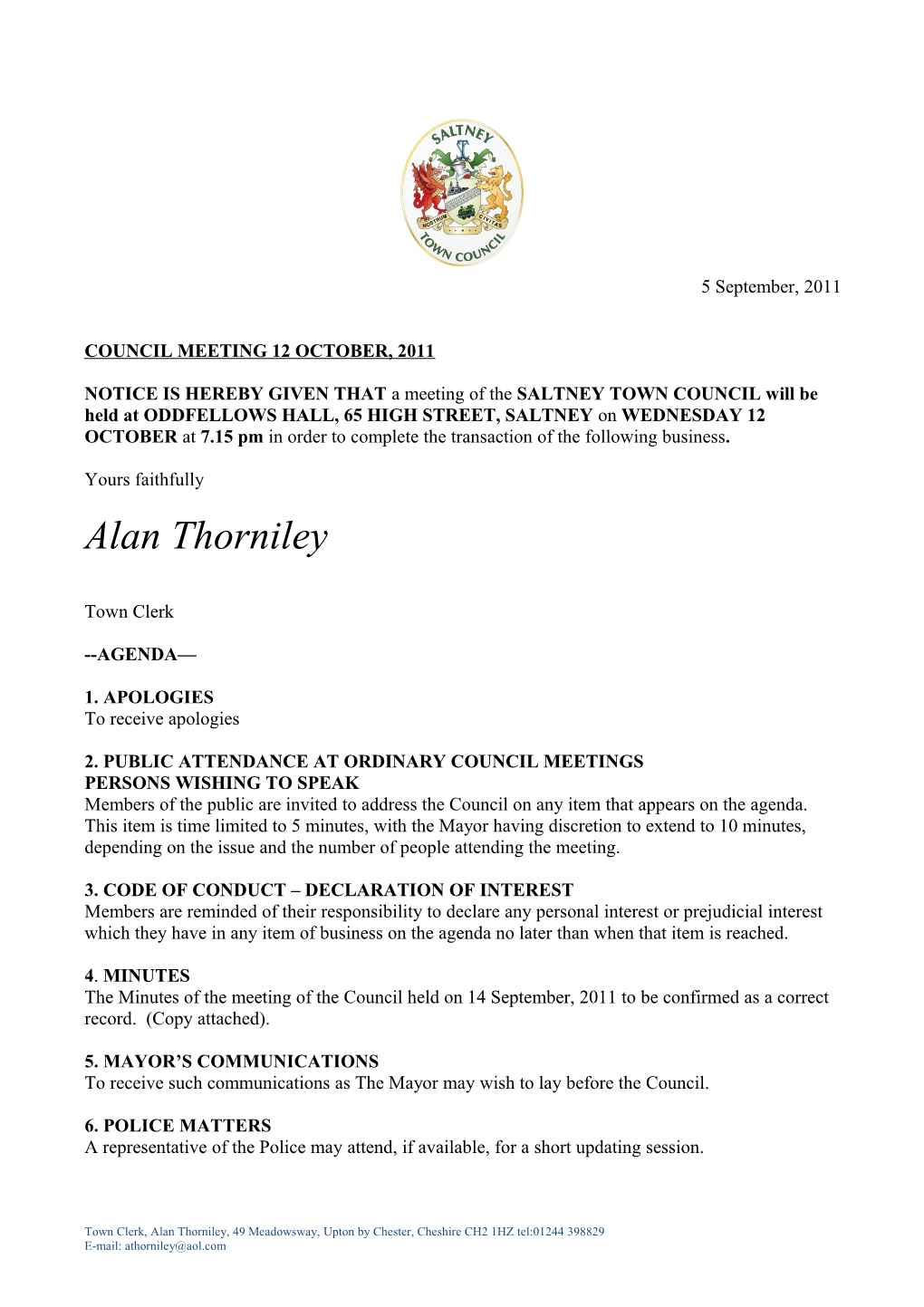 Council Meeting 12 October, 2011