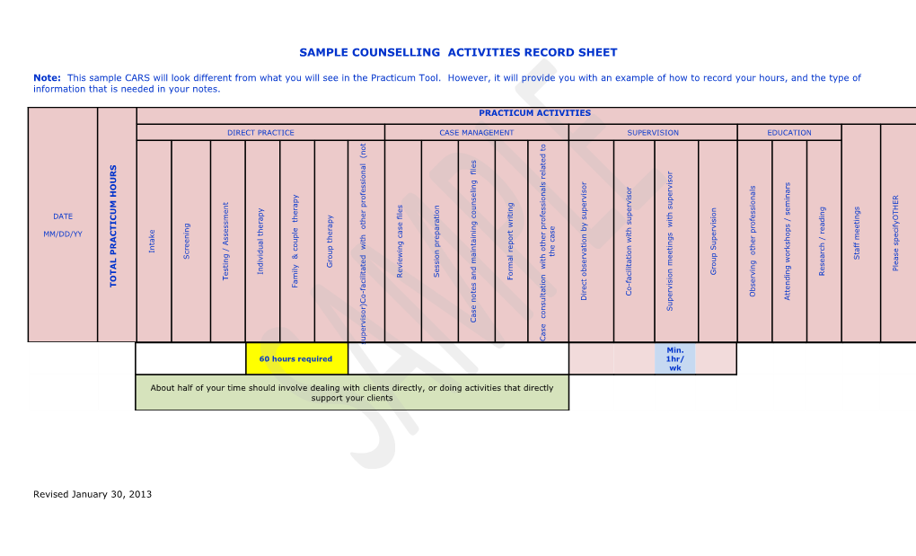 Clinical Activities Record Sheet Weekly Check-In