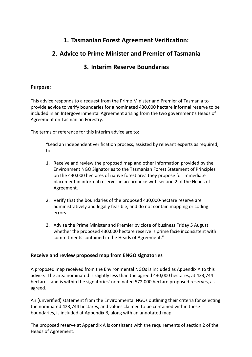 Tasmanian Forest Agreement Verification: Advice to Prime Minister and Premier of Tasmania