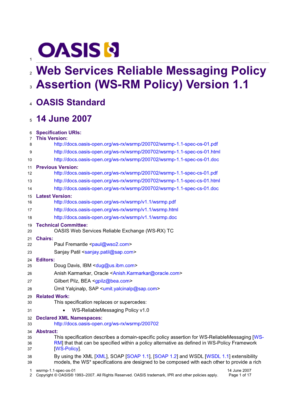 Web Services Reliablemessaging Policy Assertion (WS-RM Policy) Version 1.1