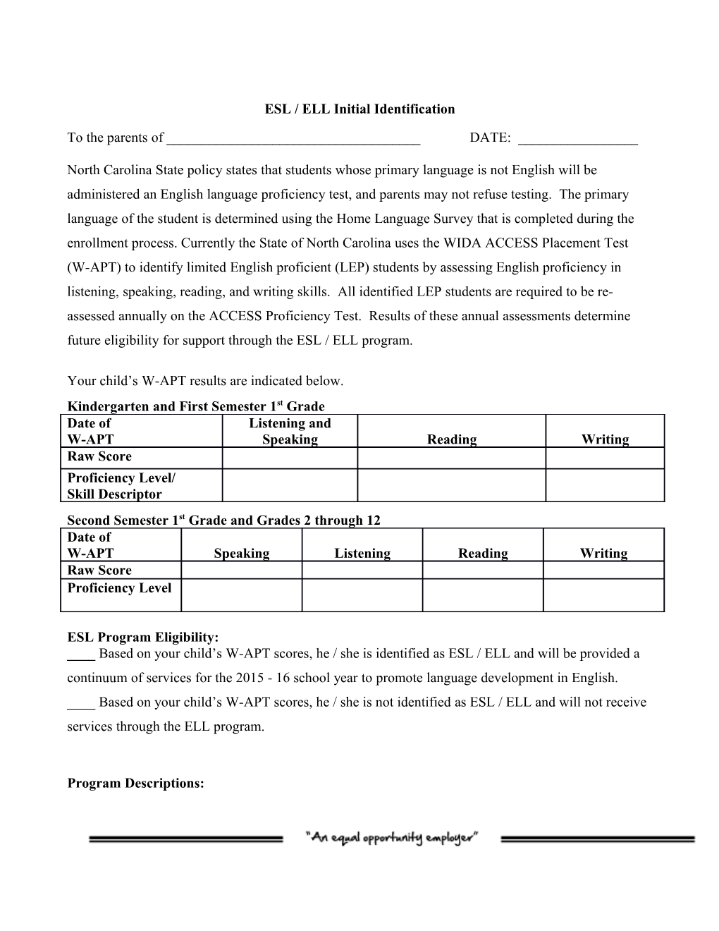 ESL / ELL Initial Identification