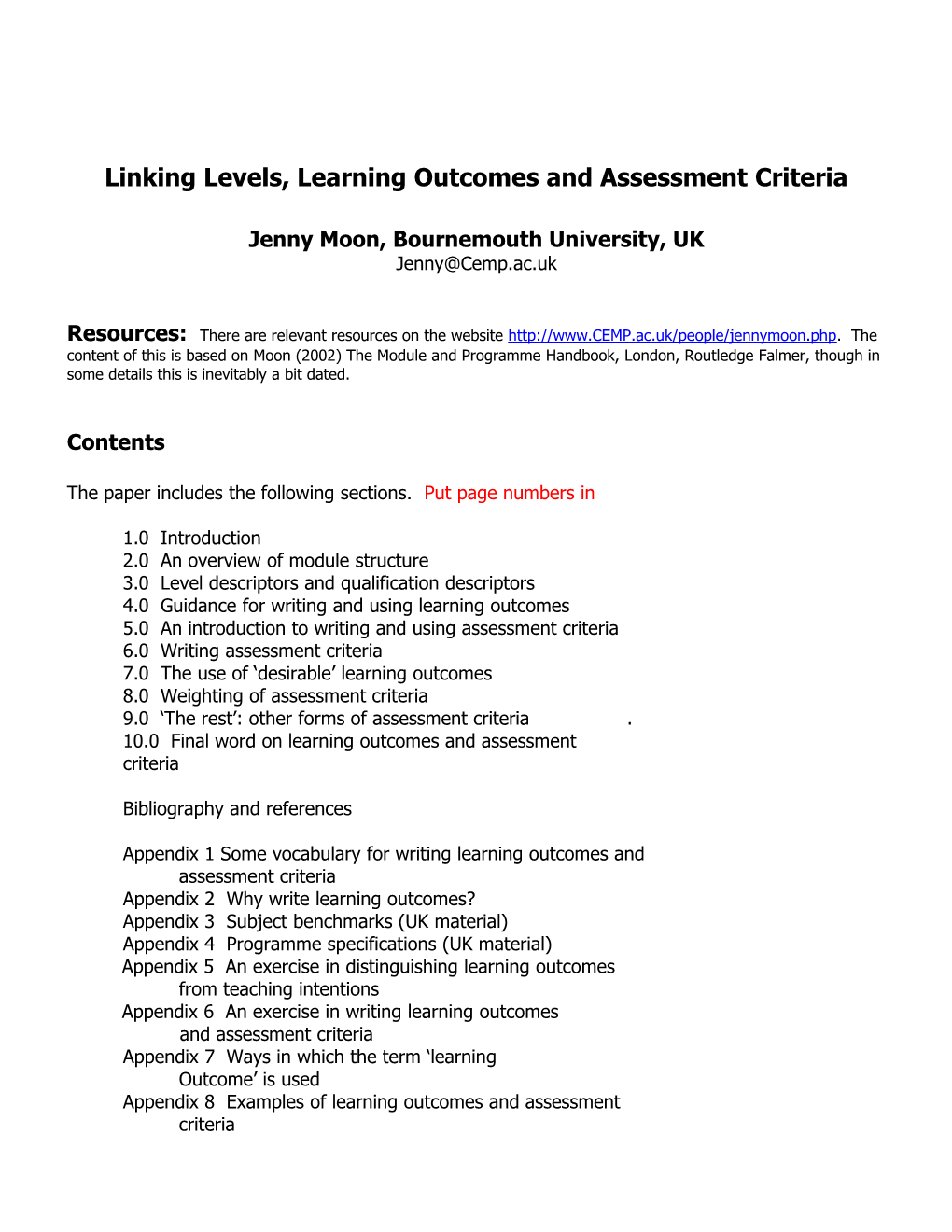 Linking Levels, Learning Outcomes and Assessment Criteria