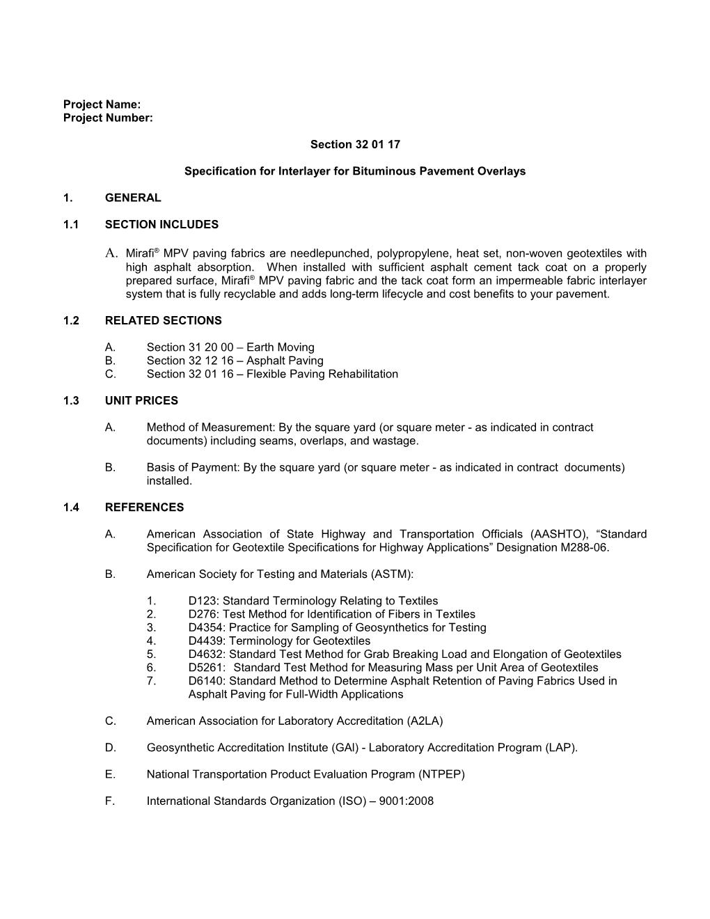 Specification for Interlayer for Bituminous Pavement Overlays