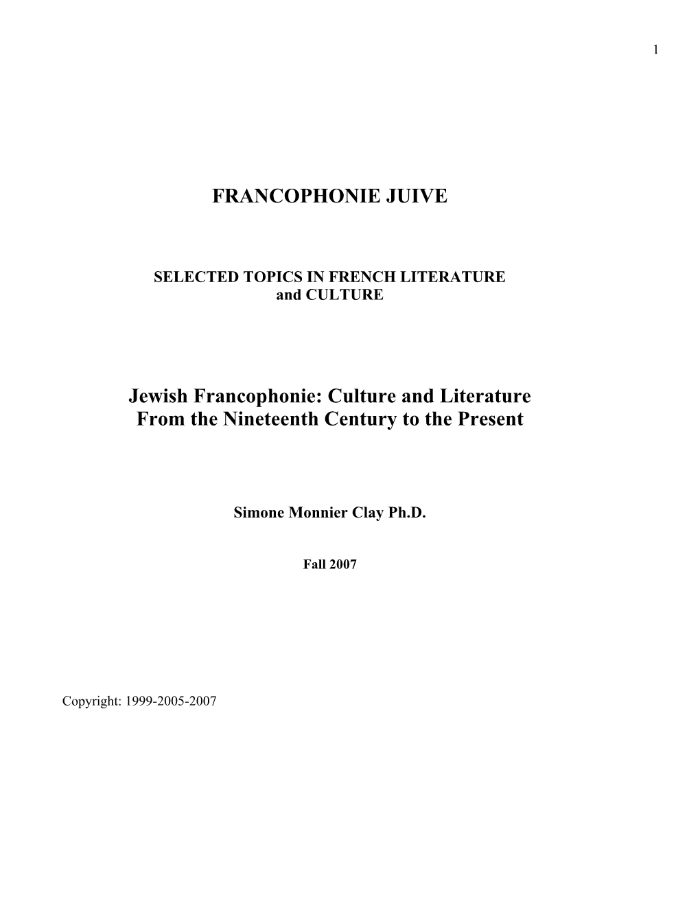 Jewish Francophone Culture and Literature