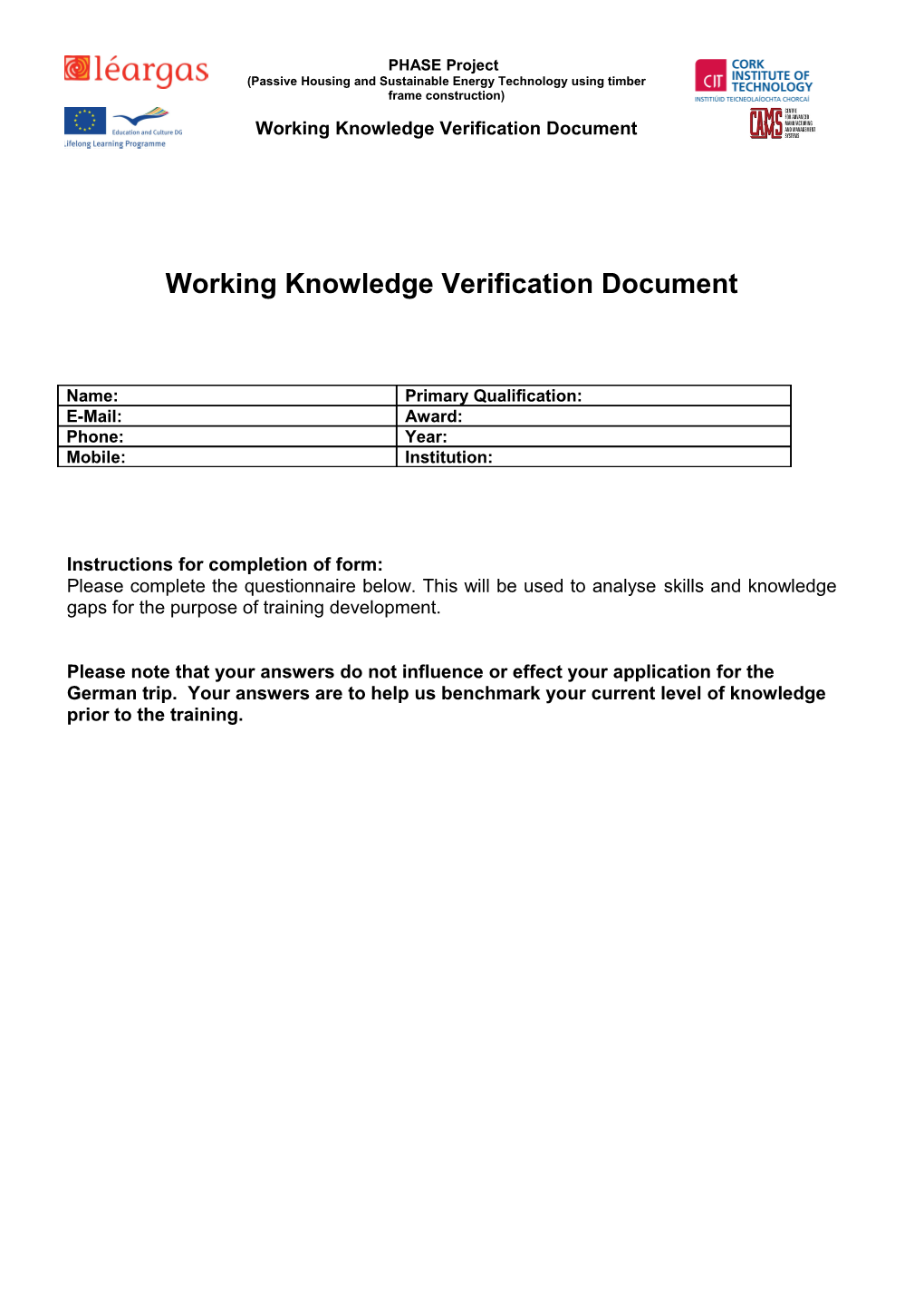 Working Knowledge Verification Document