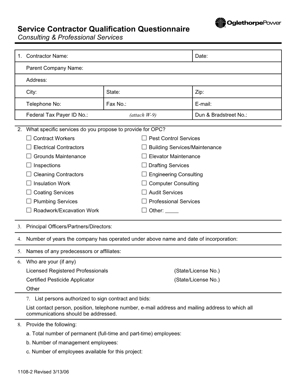 Consulting and Professional Contractor Questionnaire - OPC