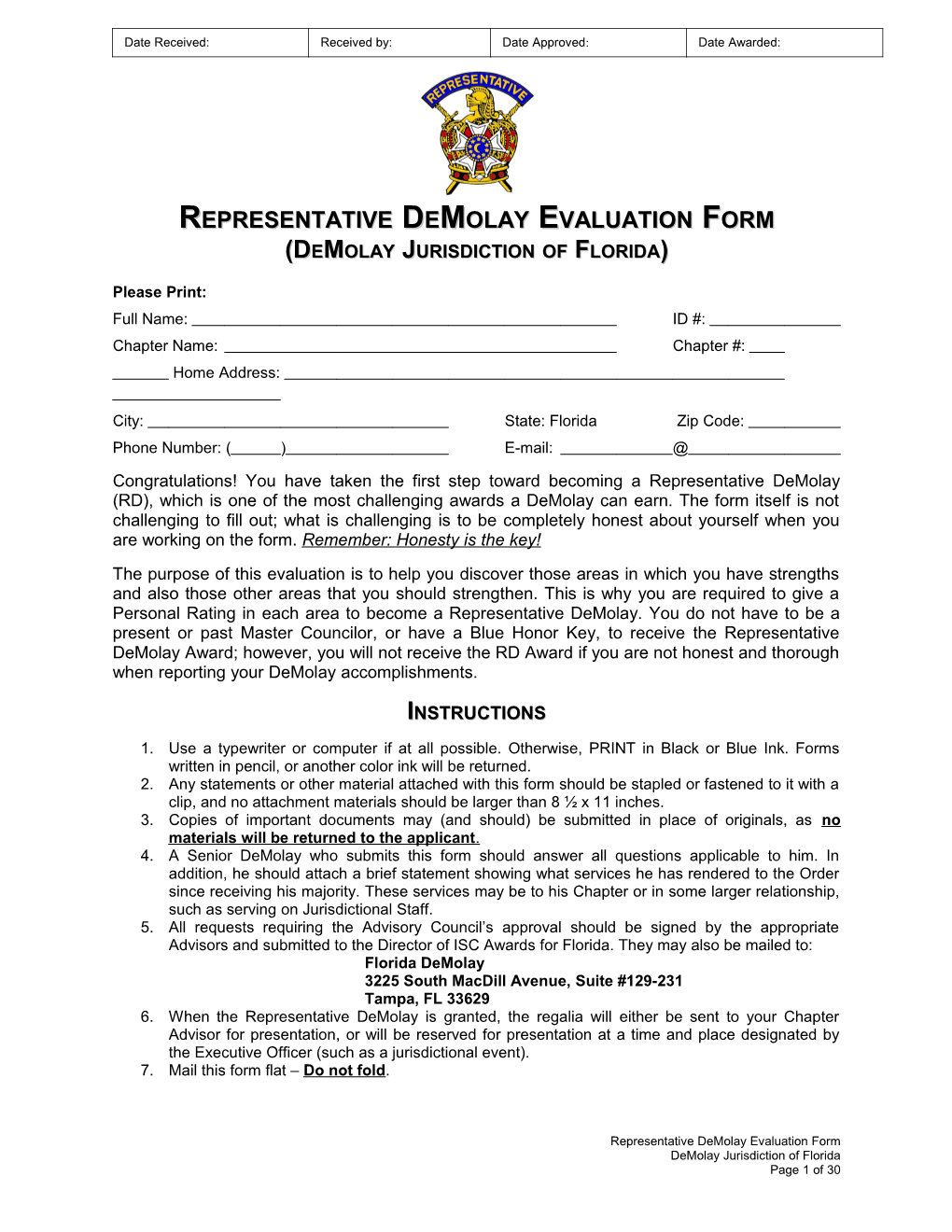 Representative Demolay Evaluation Form
