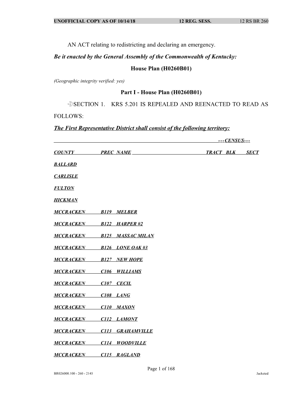 AN ACT Relating to Redistricting and Declaring an Emergency