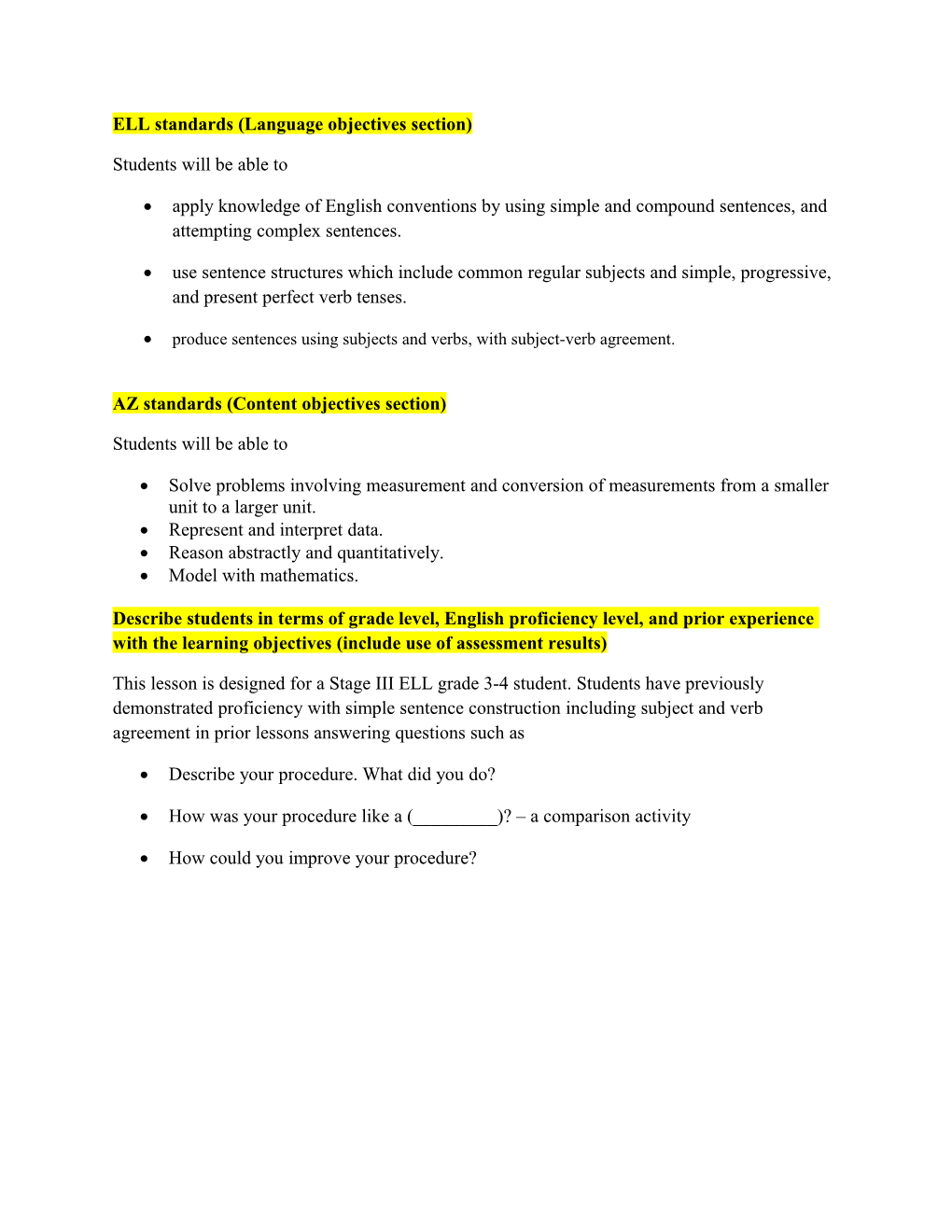 ELL Standards (Language Objectives Section)