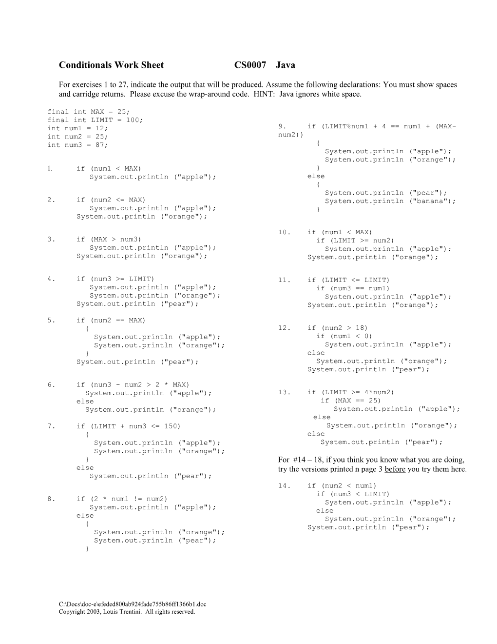 Conditionals Work Sheetcs0007 Java