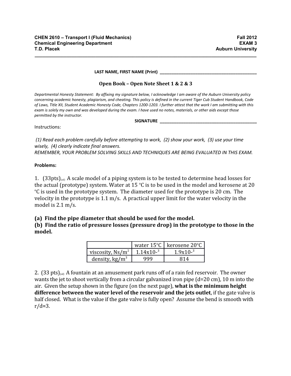 CHEN2610 Transport I (Fluid Mechanics)Fall 2012