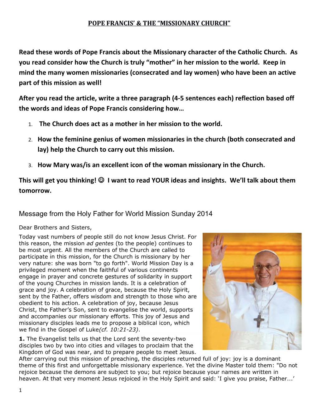 Pope Francis & the Missionary Church