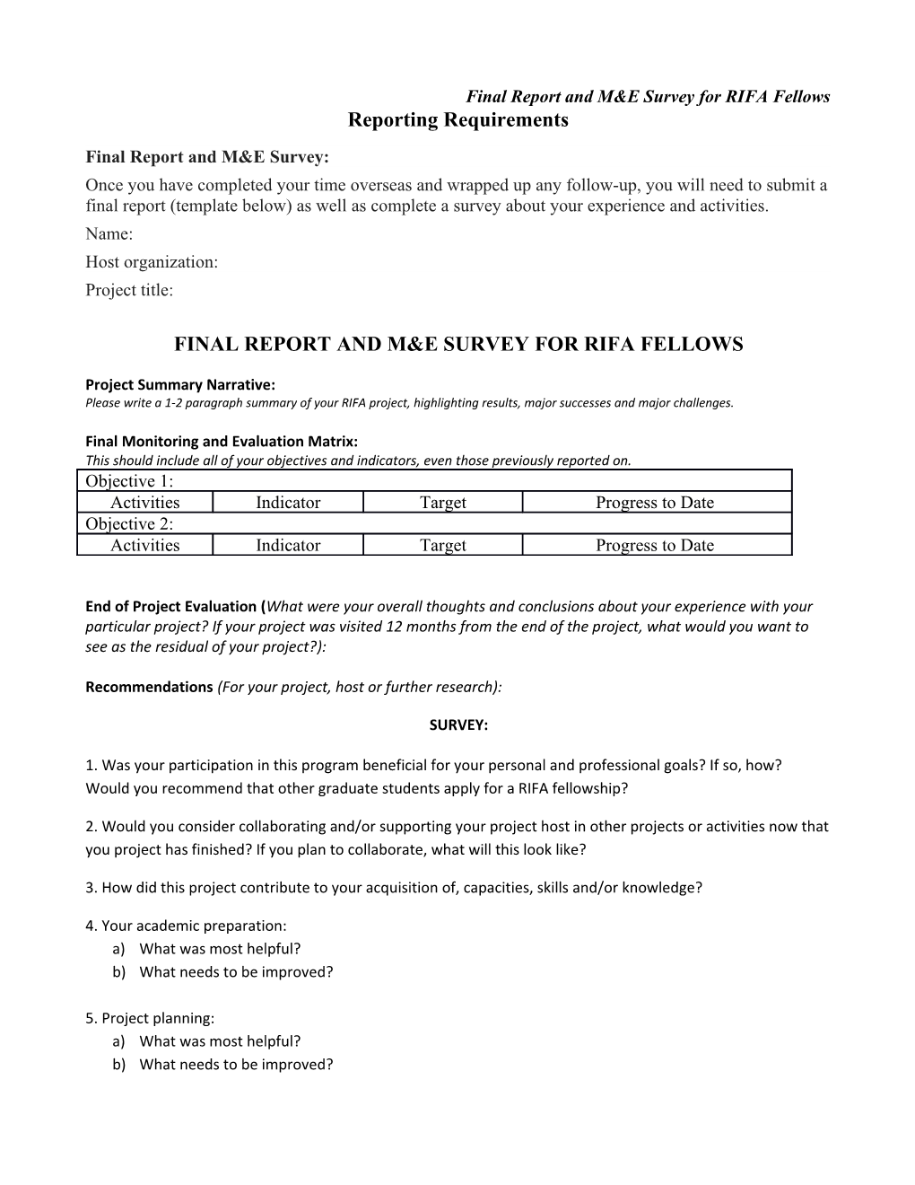 Final Report and M&E Survey for RIFA Fellows